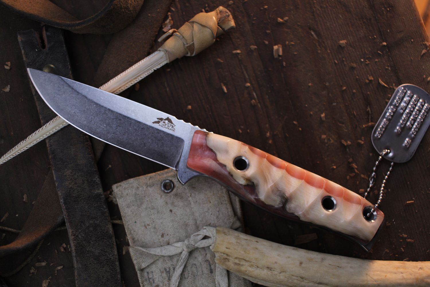 3DK MAK 4&quot; Fixed Drop Point, M390  Blade / Composite Dall Sheep Horn &amp; Mercury Red Resin Handle