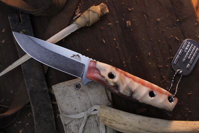 3DK MAK 4&quot; Fixed Drop Point, M390  Blade / Composite Dall Sheep Horn &amp; Mercury Red Resin Handle
