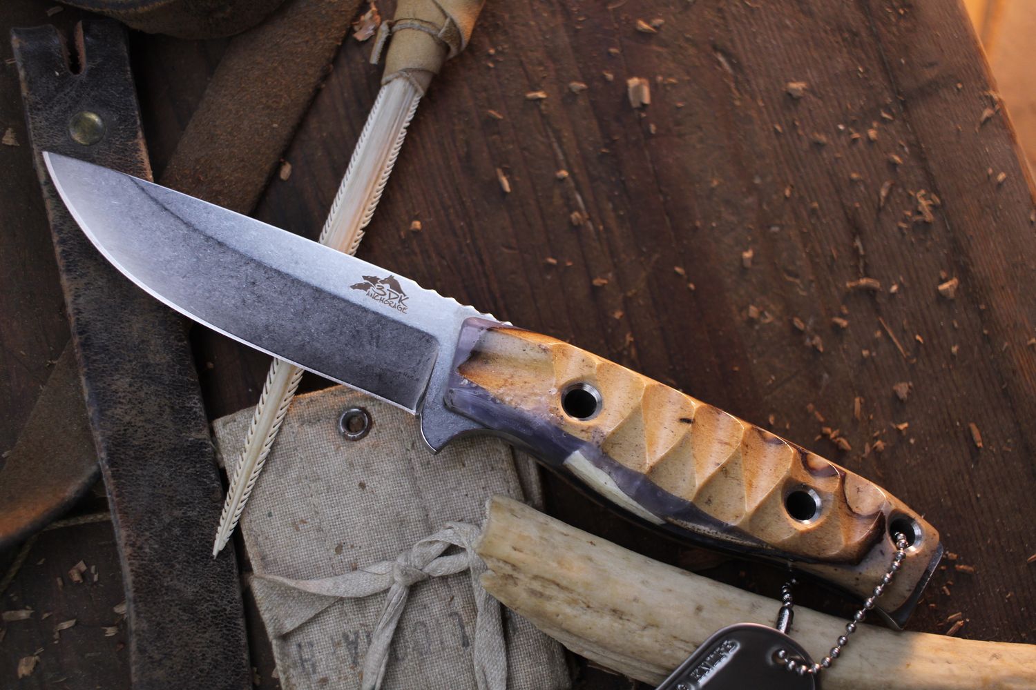 3DK MAK 4&quot; Fixed Drop Point, M390 Blade / Composite Walrus Jaw Bone &amp; Mystique Purple Resin