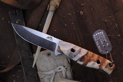 3DK MAK 4&quot; Fixed Drop Point, K110 Blade / Composite Moose Antler &amp; Amber Resin