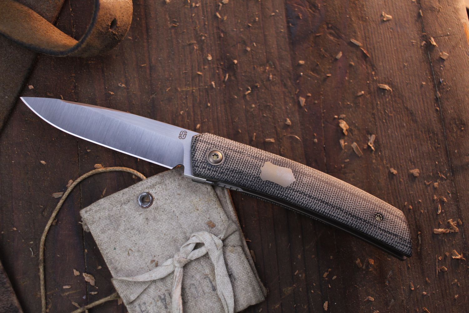 Steel Addiction Oeser F22 Kickstop 3.375&quot; Linerlock Flipper / Green Micarta &amp; Bronze Titanium Sheild / Satin M390 ( Pre Owned )