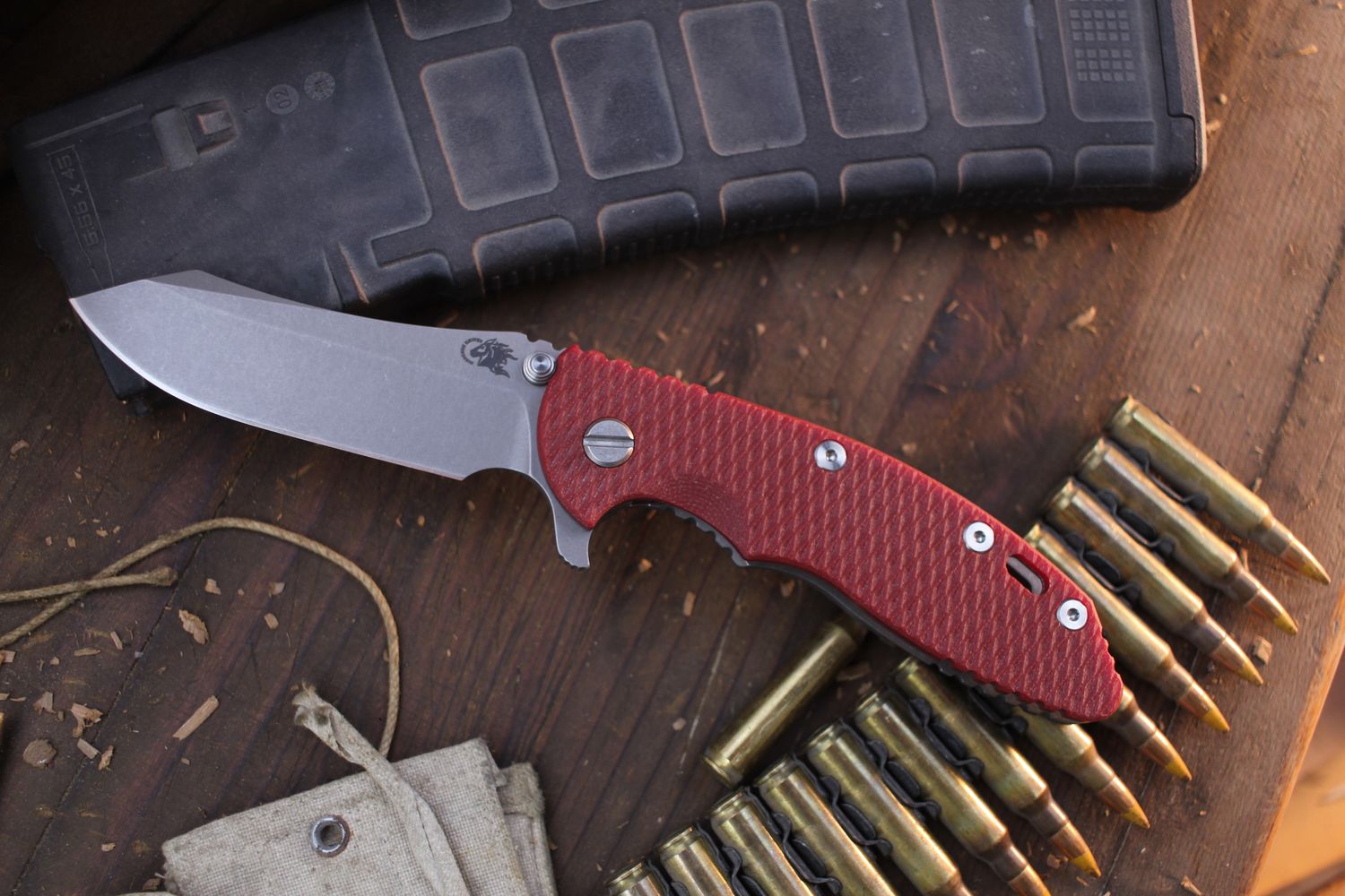 Hinderer XM-18 3.5&quot; Framelock Fliper / Red G-10 &amp; Working Finish Titanium / Working Finish S45VN Skinner