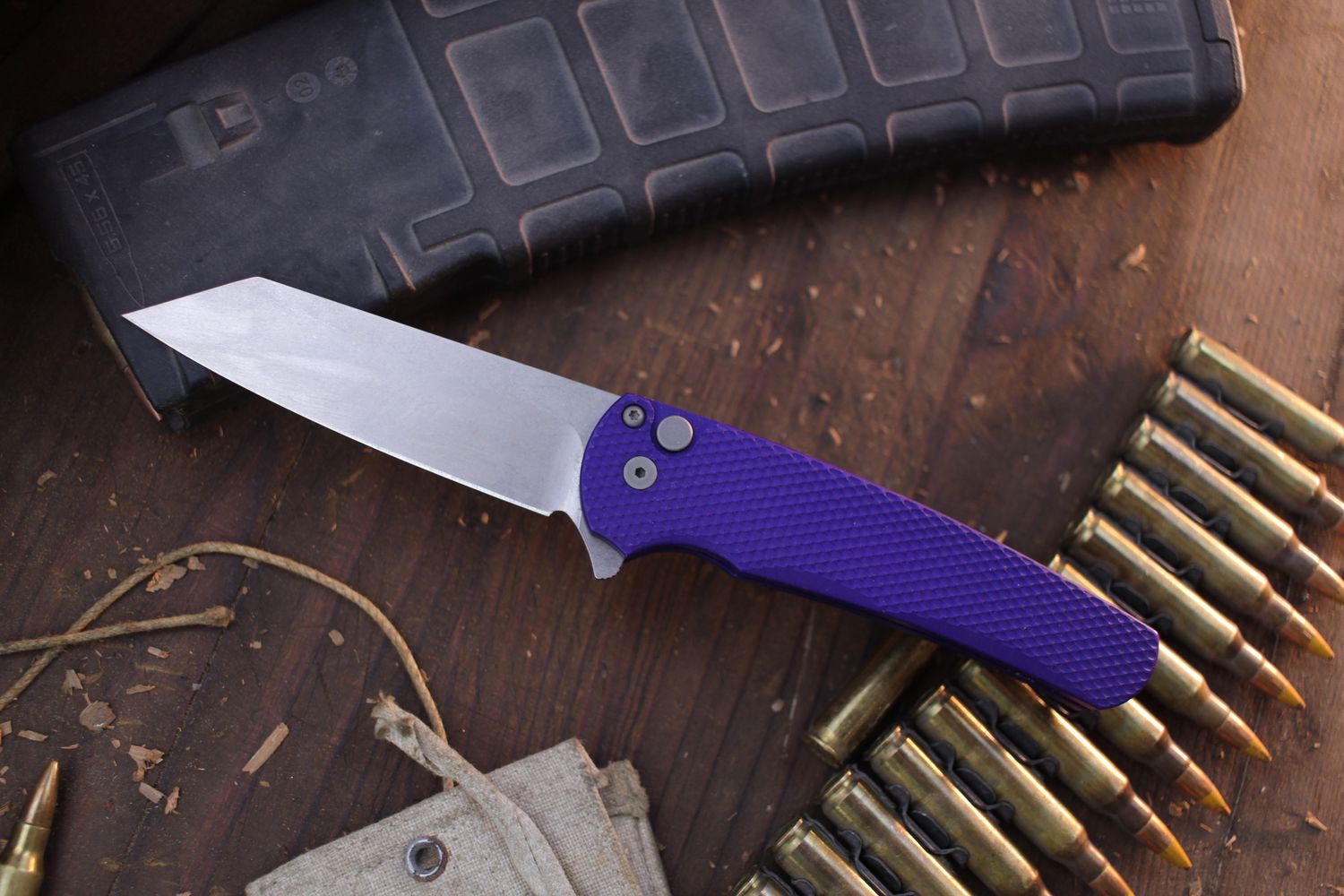 Pro-Tech Malibu 3.30&quot; Manual Reverse Tanto Flipper Knife / Purple Textured Aluminum / Stonewash CPM-20CV ( Pre Owned )