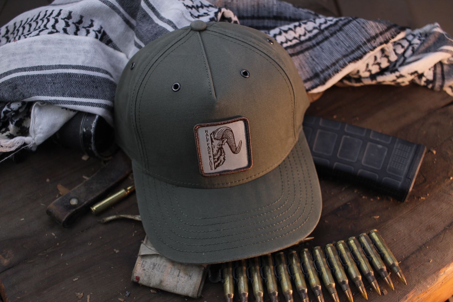 Half Face Blades Olive Drab Rams Head Baseball Hat