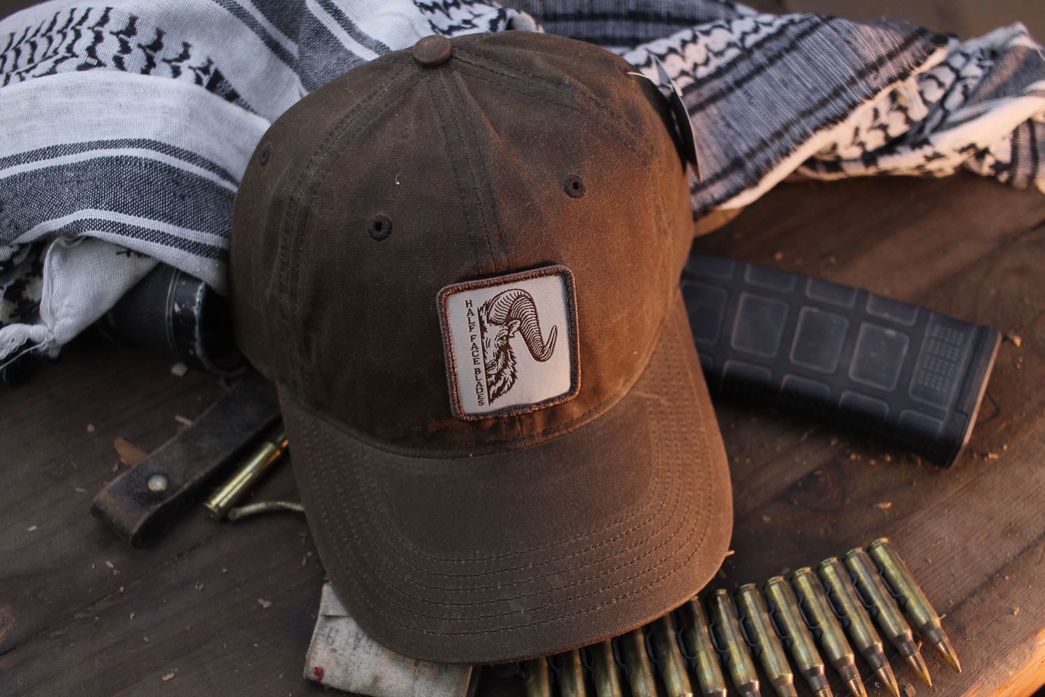Half Face Blades Natural Canvas Rams Head Baseball Hat