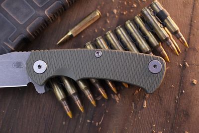 Hinderer Project X 3.66&quot; Clip Point Frame Lock Flipper / OD Green G-10 &amp; Working Finish Titanium / Working Finish S45VN