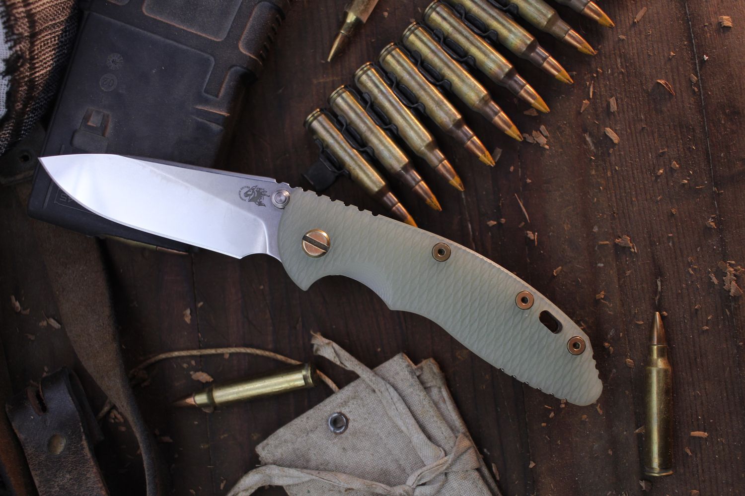 Hinderer Knives XM-18 3.5&quot; Non-Flipper Framelock Folder / Jade G-10 &amp; Brass Hardware / Stonewashed S45VN ( Pre Owned )