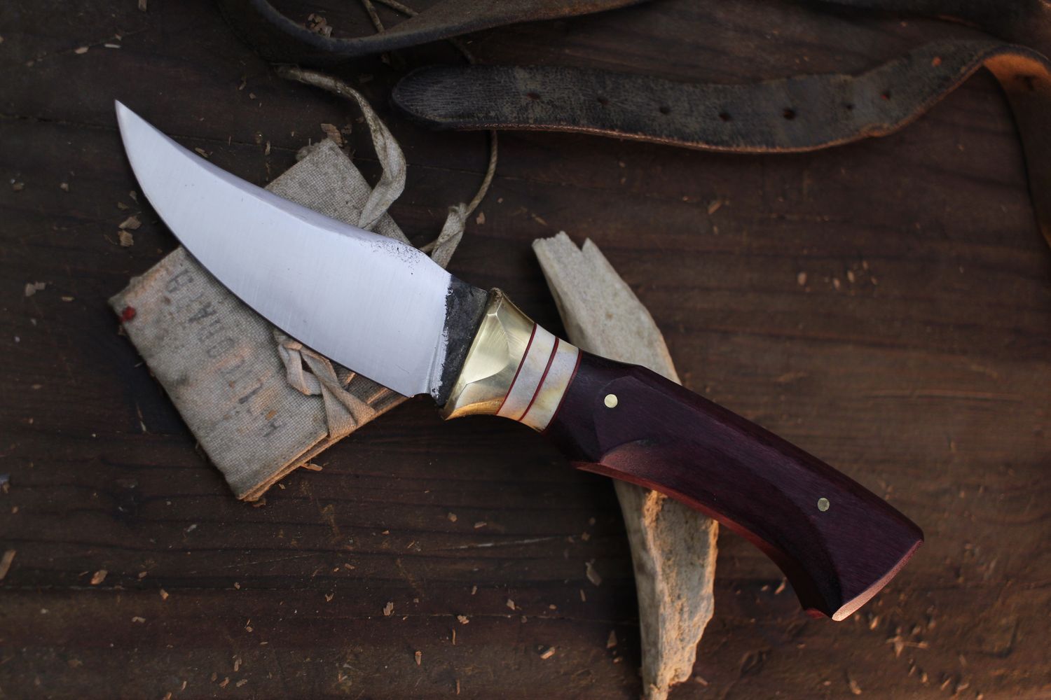 Barret Knives Tusk 4.25&quot; Fixed Blade / Purple Heart &amp; Caribou &amp; Brass / Forge Finish 1095
