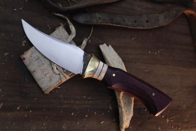 Barret Knives Tusk 4.25" Fixed Blade / Purple Heart & Caribou & Brass / Forge Finish 1095 Barret Knives Tusk 4.25" Fixed Blade / Purple Heart & Caribou & Brass / Forge Finish 1095