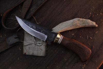 Barrett Knives Small Ranger 5" Fixed Blade / Walnut & Caribou & Brass / Forge Finish 1095 Barrett Knives Small Ranger 5" Fixed Blade / Walnut & Caribou & Brass / Forge Finish 1095