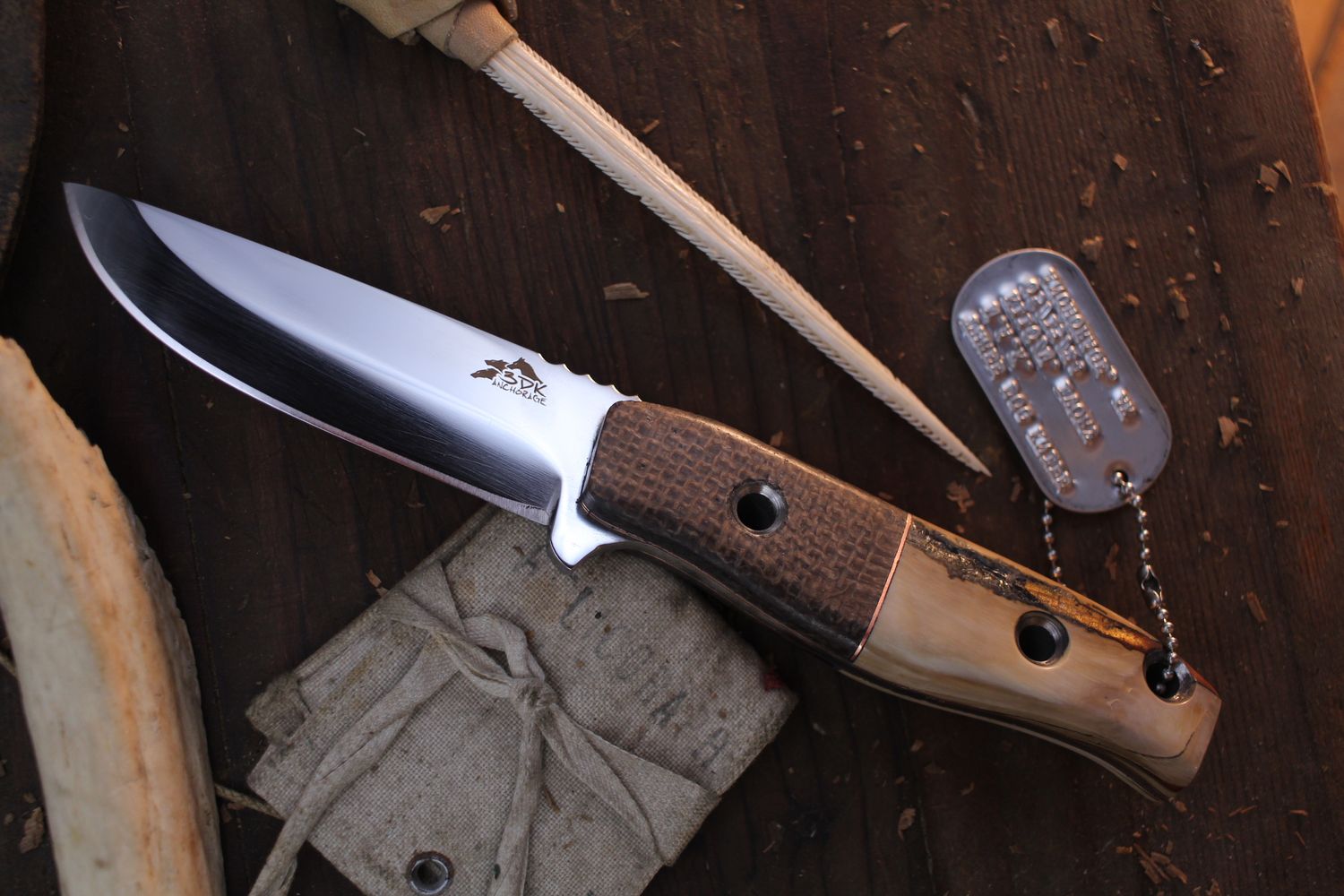3DK Custom MAK 4&quot; Fixed Drop Point, Polished &amp; Convex Ground K110 Blade / Cigar Burlap Micarta &amp; Mammoth Ivory Handle