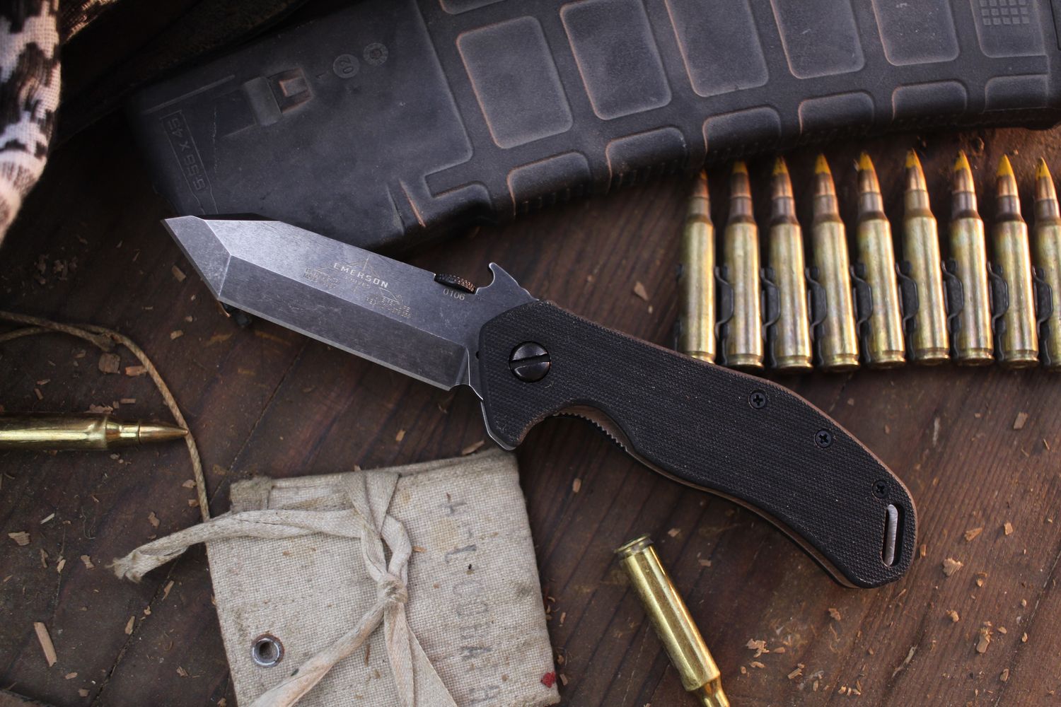 Emerson Bulldog TF 3.2&quot; Wave Hook Folder / Black G-10 / Thunderstorm 154CM ( Pre Owned )