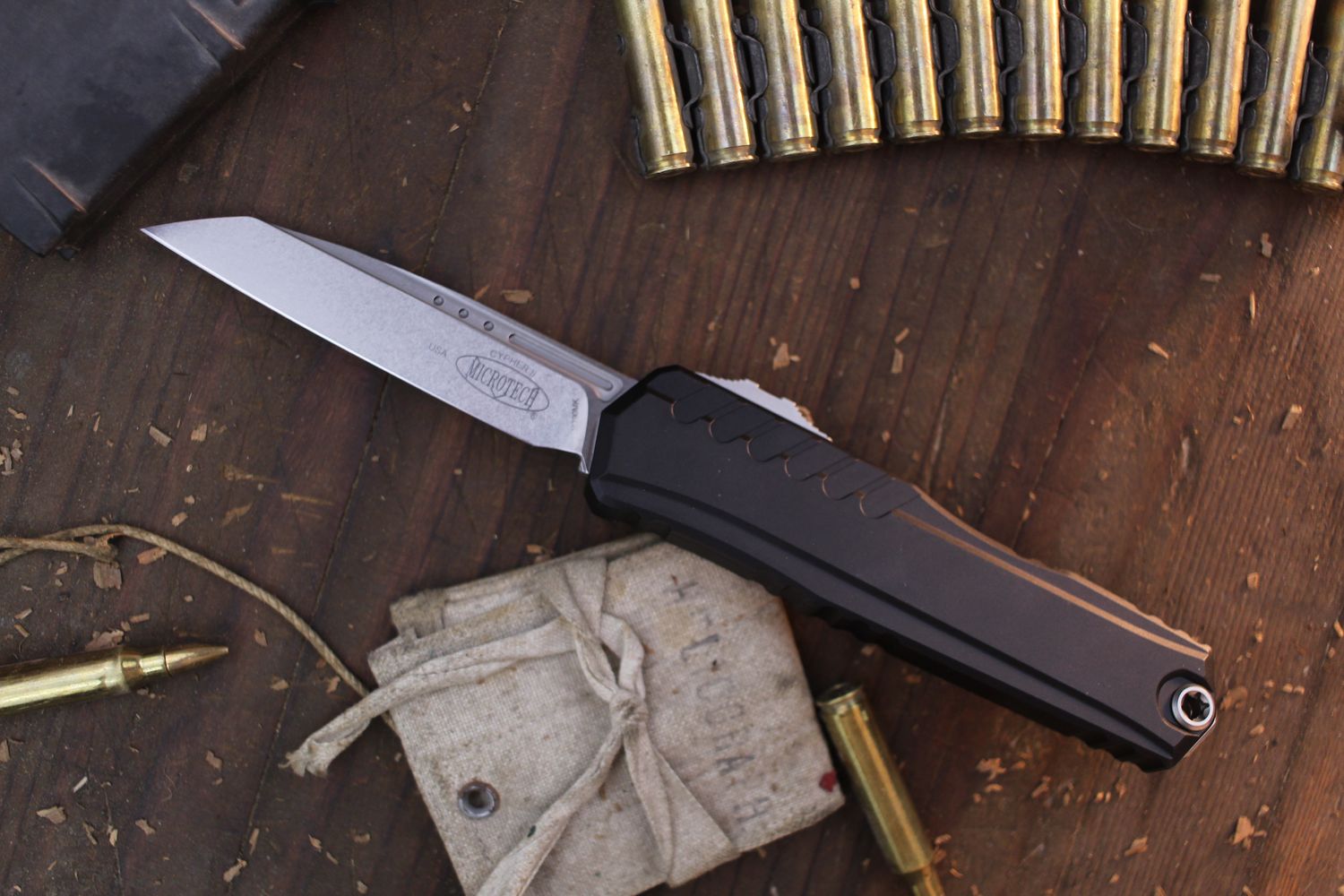 Microtech &amp; DC Munroe Cypher II 3.5&quot; OTF AUTO / Milled Black Aluminum / Stonewashed Reverse Tanto M390MK