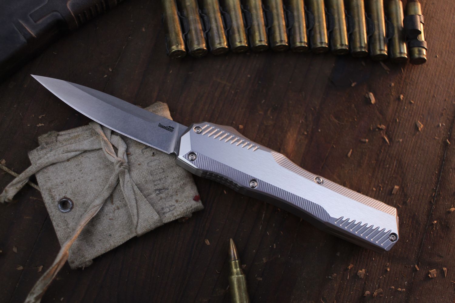 Kershaw Livewire 3.4&quot; OTF Automatic Knife / Raw Aluminum / Stonewashed Magnacut ( Pre Owned )