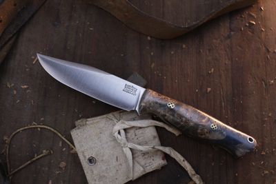  Bark River Knives Extra Fancy Gunny Sidekick  4” Fixed Blade / Gray &amp; Blue Maple / Satin CPM-MagnaCut ( Pre Owned )