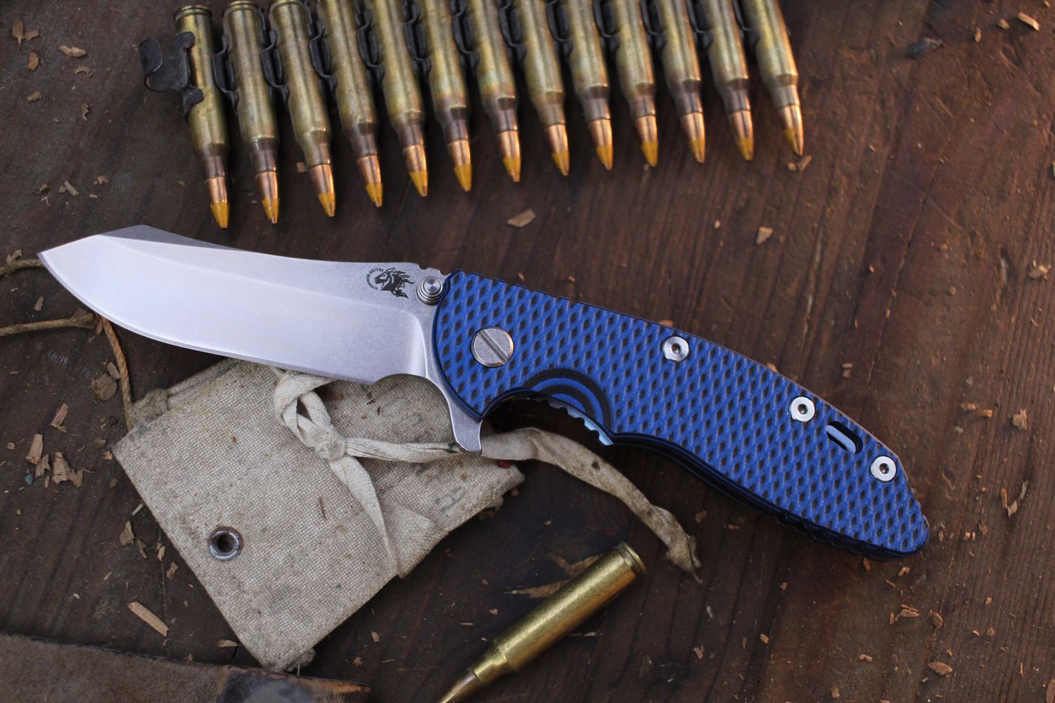 Hinderer XM-18 3.5&quot; Framelock Flipper / Black &amp; Blue G-10 With Stonewashed Blue Titanium / Stonewashed S45VN Skinner