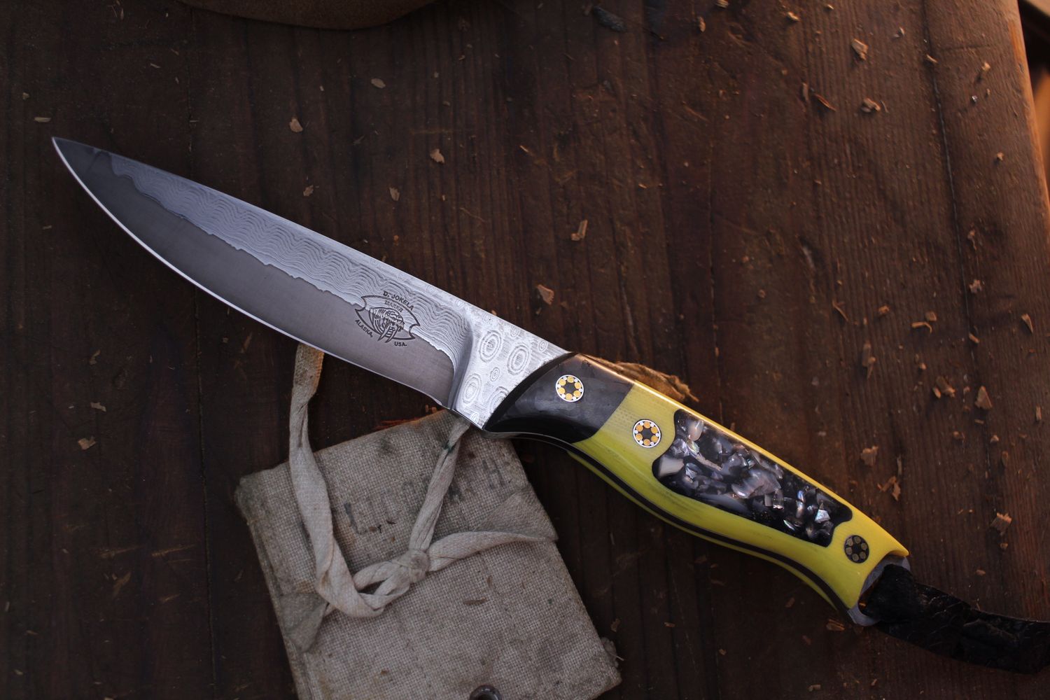 Dennis Jokela Fat Belly Hunter 4.125" Fixed Blade  / Vintage Micarta &amp; New Zealand Paua Shell / VG-10 Core Damascus