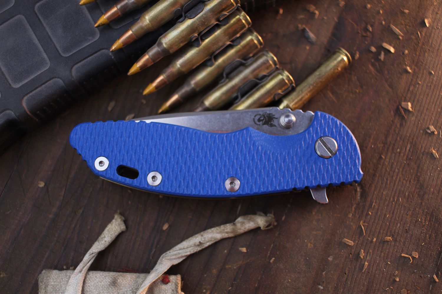Hinderer XM-18 3.5&quot; Spearpoint Framelock Flipper / Blue G-10 &amp; Stonewashed Bronze Titanium / Stonewashed S45VN ( Pre Owned )