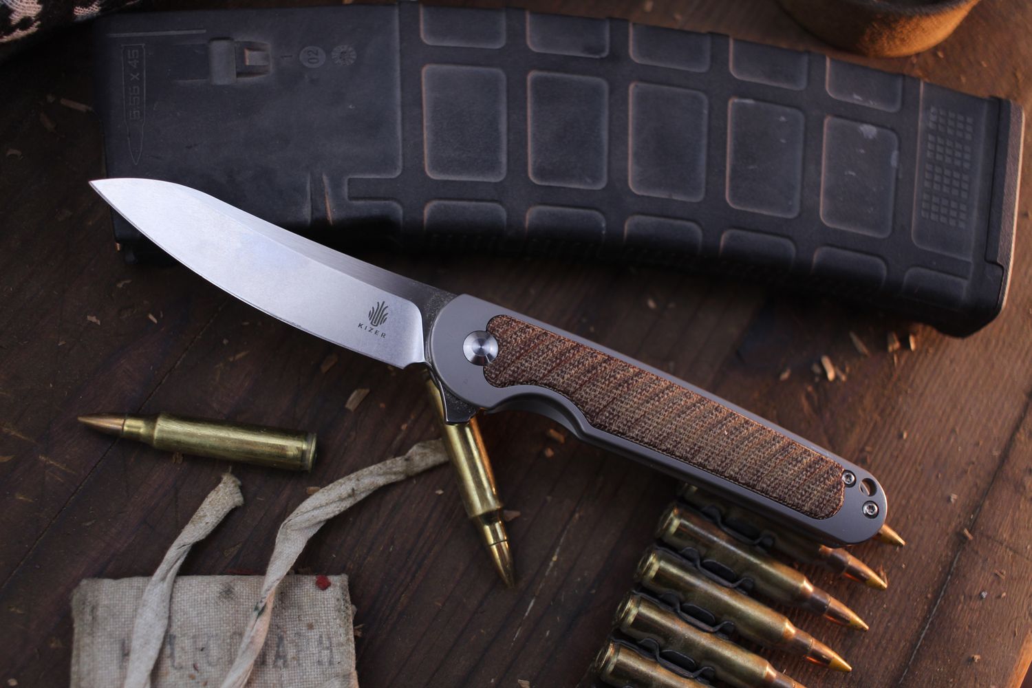 Kizer Cutlery Carlos Elstner Clutch 3.375&quot; Framelock Flipper / Titanium &amp; Natural Micarta Inlays / Two Tone S35VN ( Pre Owned )