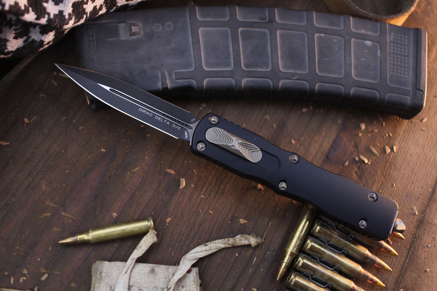Microtech Proof Run SN 180 Dirac Delta D/E 3.75&quot; OTF Auto  / Black Aluminum &amp; Bronze Hardware / Black Elmax ( Pre Owned )