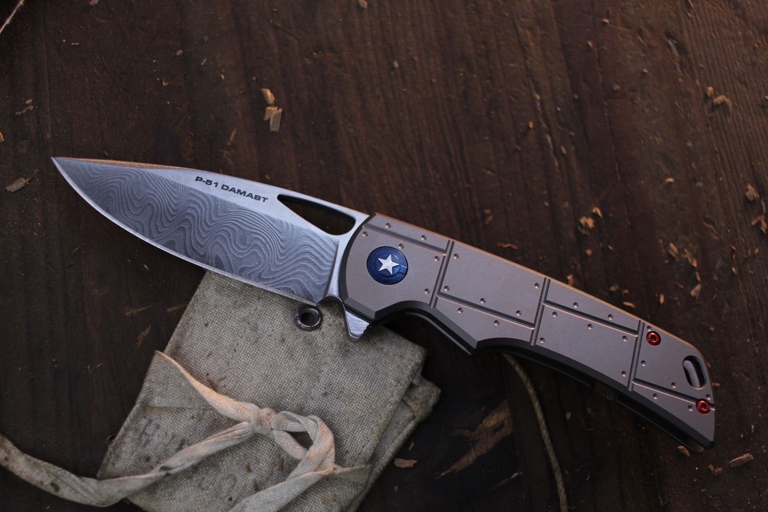 Boker Plus P-51 Mustang 3.35&quot; Framelock Flipper / P-51 Design Titanium / P-51 Aircraft Damascus By Chad Nichols