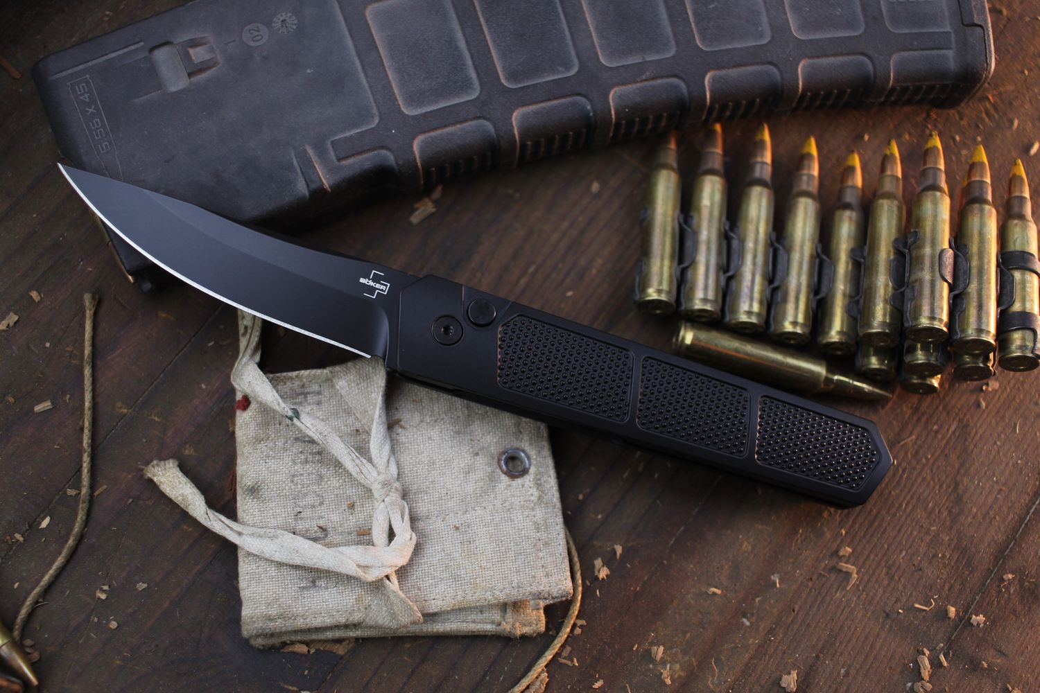 Boker Plus Kwaiken Grip 3.35&quot; Button Lock Folder / Black Knurled Aluminum / Black D2