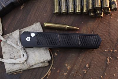 Boker Plus Kwaiken Grip 3.35" Button Lock Folder / Black Knurled Aluminum / Satin D2