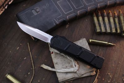 Boker Plus Mini Kalashnikov Bowie 2.67" OTF Auto / Black Aluminum / Satin D2