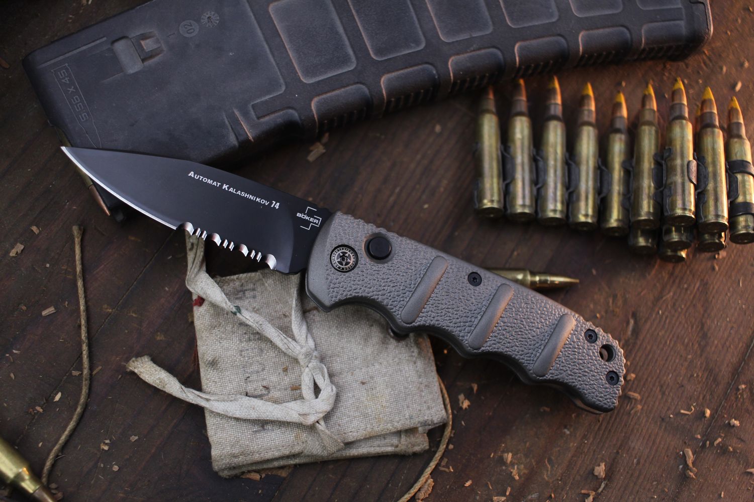 Boker Plus AKS-74 3.25&quot; Button Lock Auto Folder / Grey Aluminum / Black Serrated D2