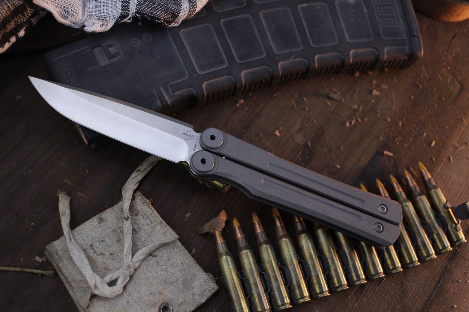 Boker Plus Faction 4.02&quot; Balisong / Titanium / Satin S35VN