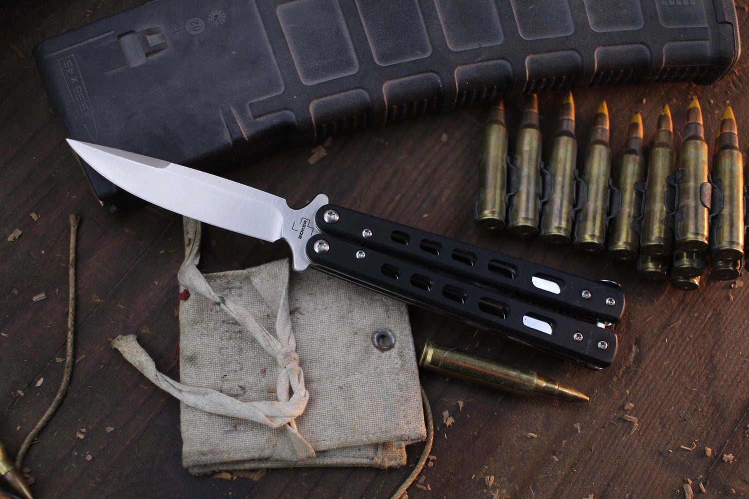 Boker Plus Small Balisong 3.2&quot; Butterfly Knife / Black G-10 / Satin D2