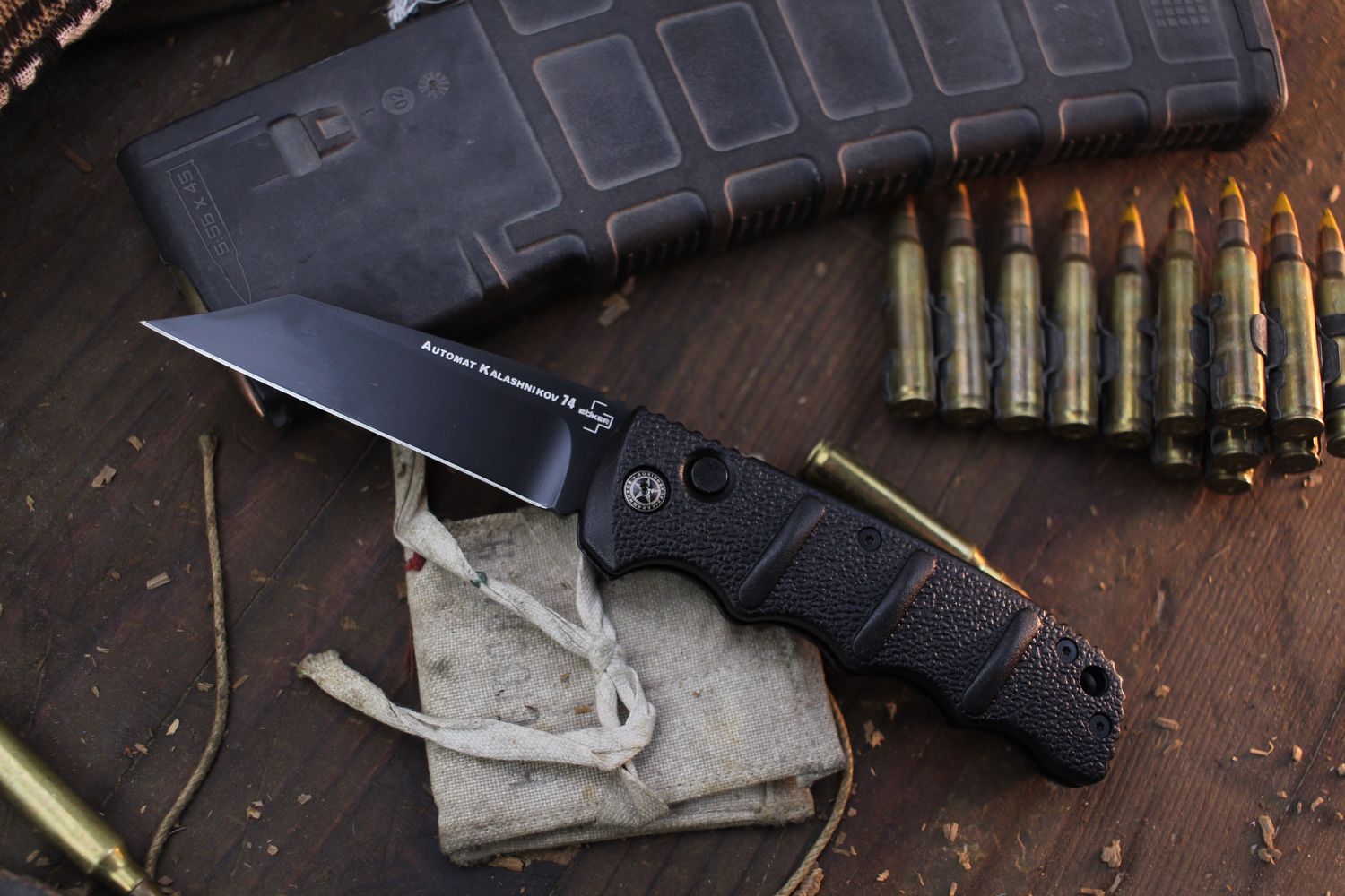 Boker Plus Kalashnikov 74 3.25&quot; Sheepsfoot Button lock Auto Folder / Black Aluminum / Black D2