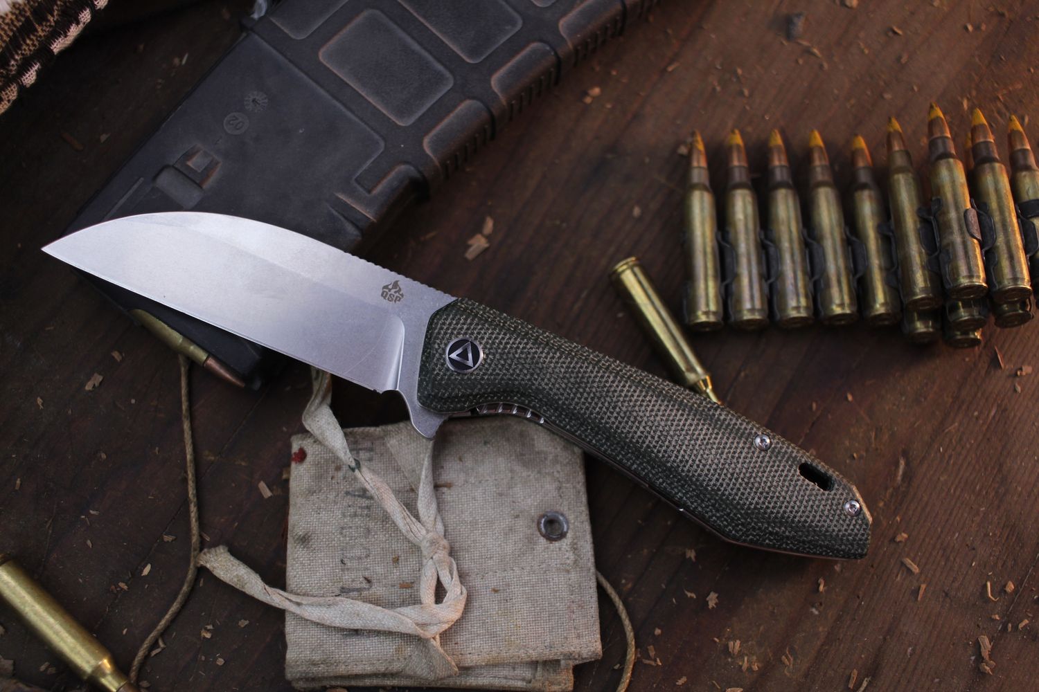 QSP Pelican 3.6&quot; Linerlock Flipper / Green Micarta / Stonewashed S35VN ( Pre Owned )