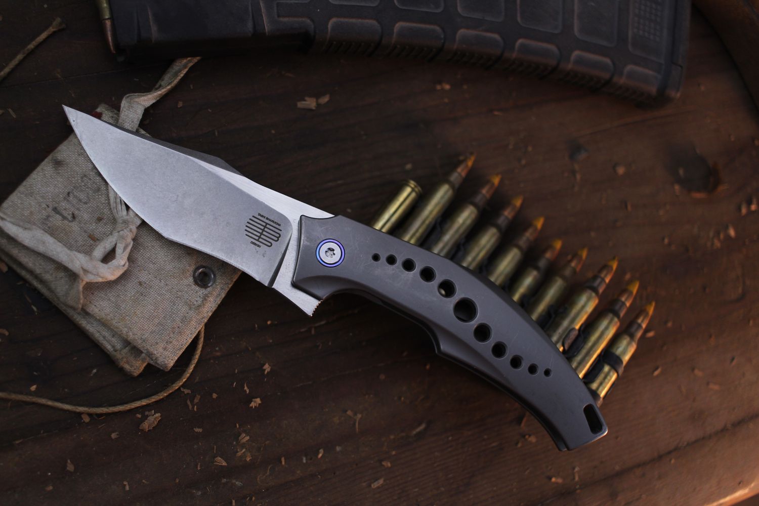 Mechforce Bharucha S.O.S. 3.5&quot; Framelock Flipper / Milled Titanium &amp; Flamed Ti Clip / Two Tone M390 ( Pre Owned )