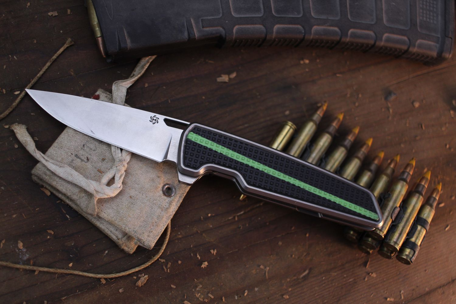 Mechforce M-1 3.5&quot; Framelock Flipper / Titanium With Green &amp; Black G-10 / Two Tone M390 ( Pre Owned )
