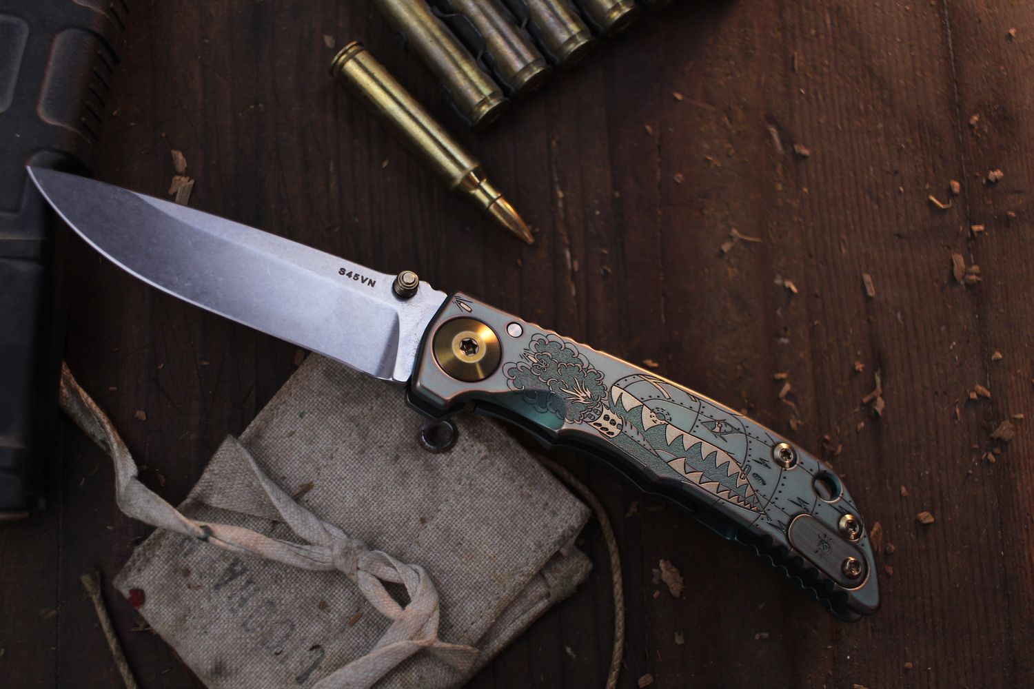 Spartan Blades Custom Framelock Folder / Warthog Engraved &amp; Anodized Titanium / Stonewashed S45VN