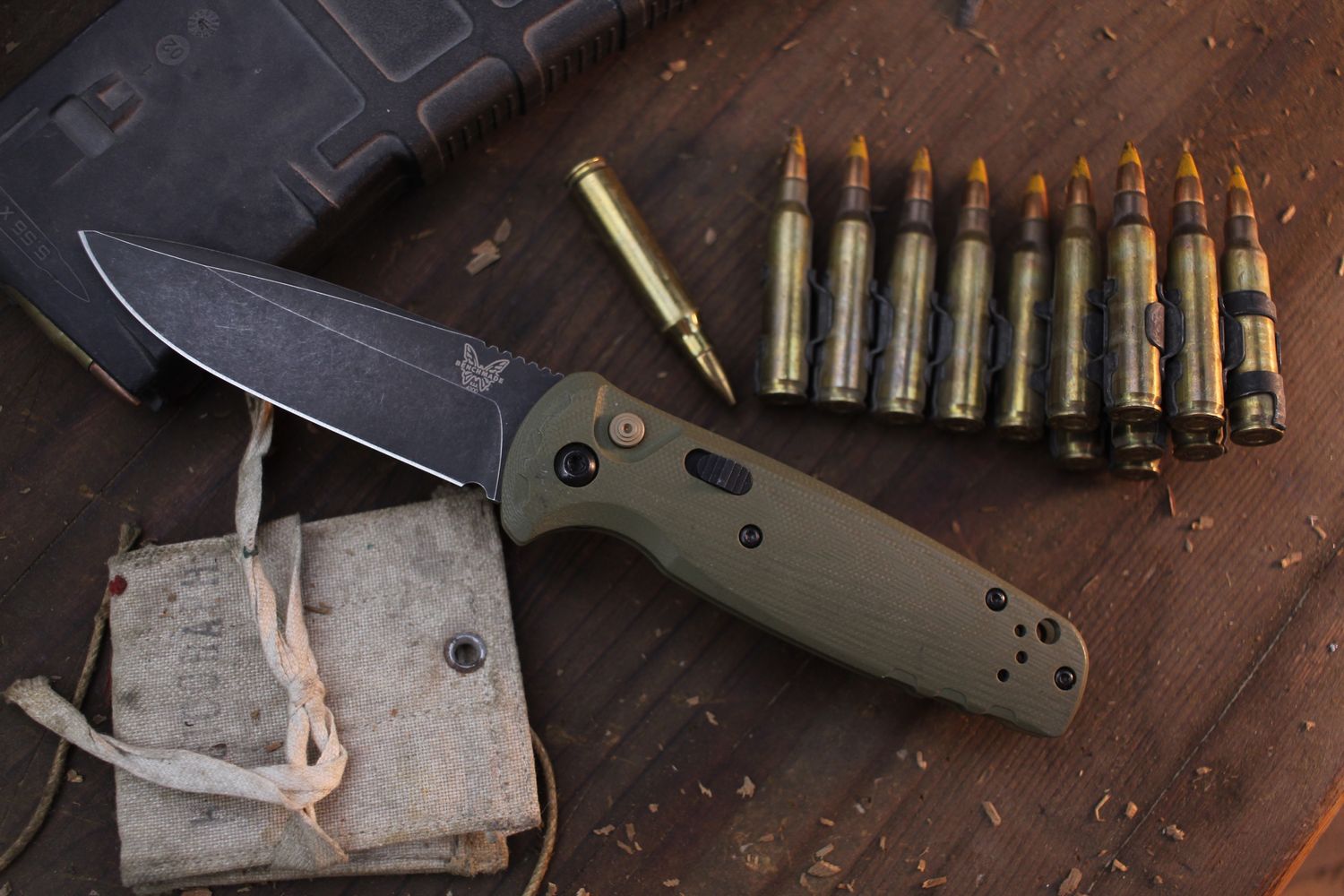 Benchmade CLA 3.4&quot; Plungelock Auto Folder / OD Green G-10 &amp; Bronze Hardware / DLC Blackwashed MagnaCut ( Pre Owned )