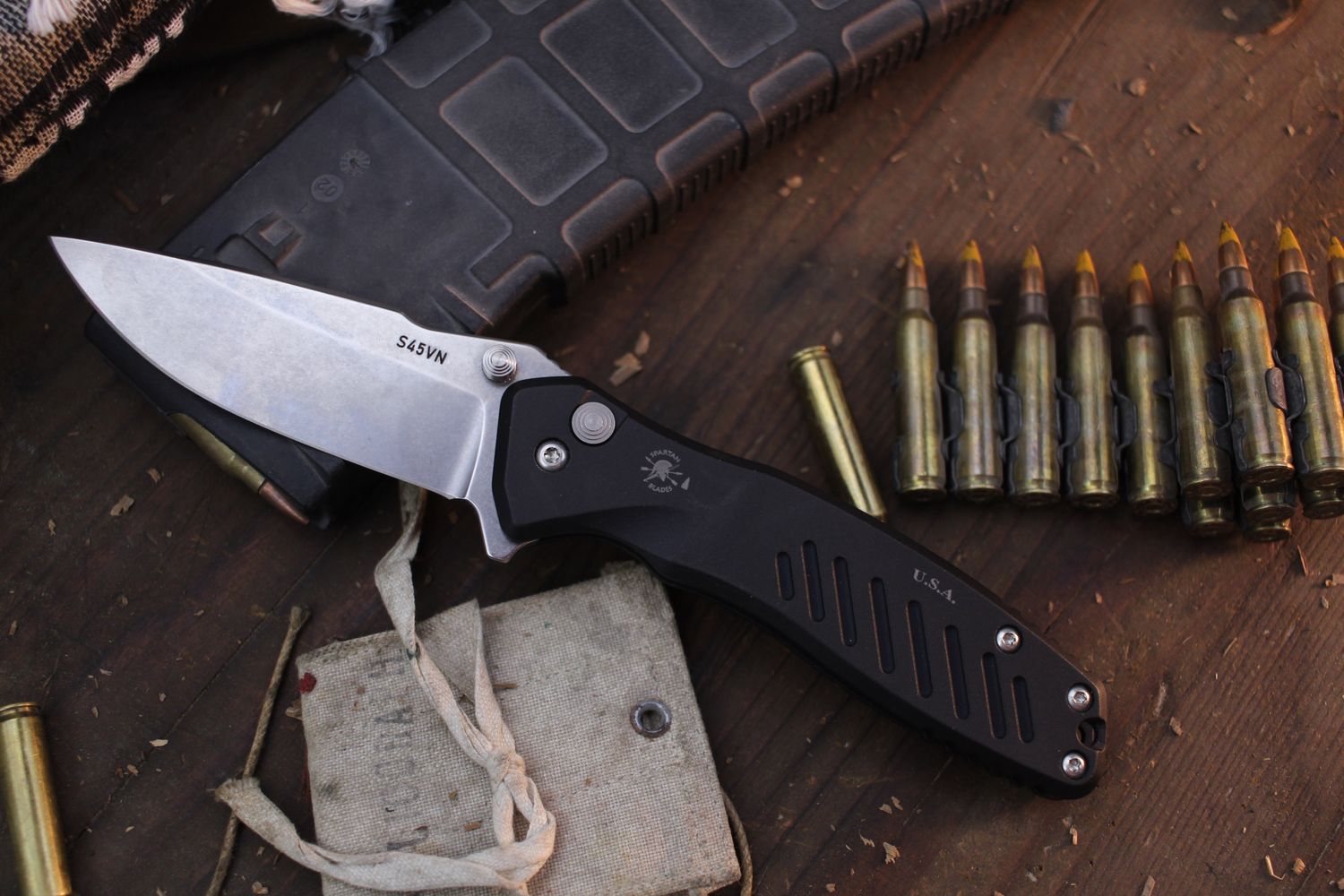 Spartan Blades PALLAS3.75&quot; Button Lock Flipper / Black Aluminum / Stonewashed S45VN ( Pre Owned )