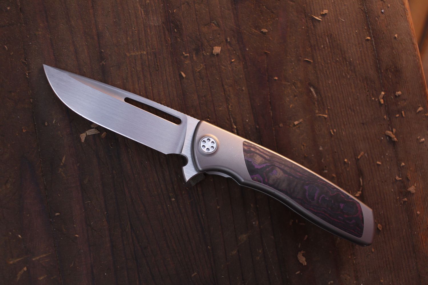 Sharp By Design Mini Evo Drop Point 3.25&quot; Framelock Flipper / Purple Haze FatCarbon / Hand Rubbed M390 ( Pre Owned )