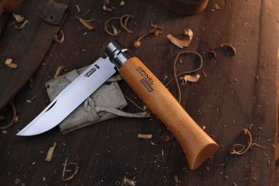 Opinel Knives No. 12 5" Virobloc Folder / Varnished Beechwood / Satin High Carbon Steel