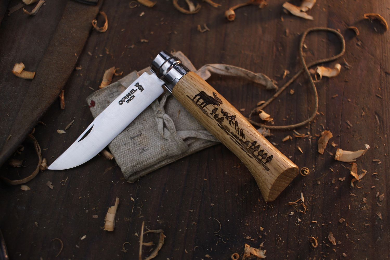 Opinel Knives Outdoor Series No. 8 3.28&quot; Virobloc Folder / Woodland Moose Scene Engraved Oak / Satin INOX Stainless