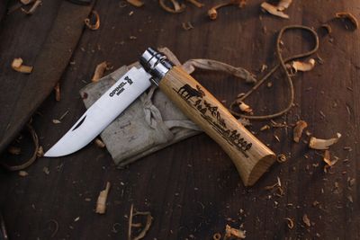 Opinel Knives Outdoor Series No. 8 3.28" Virobloc Folder / Woodland Moose Scene Engraved Oak / Satin INOX Stainless