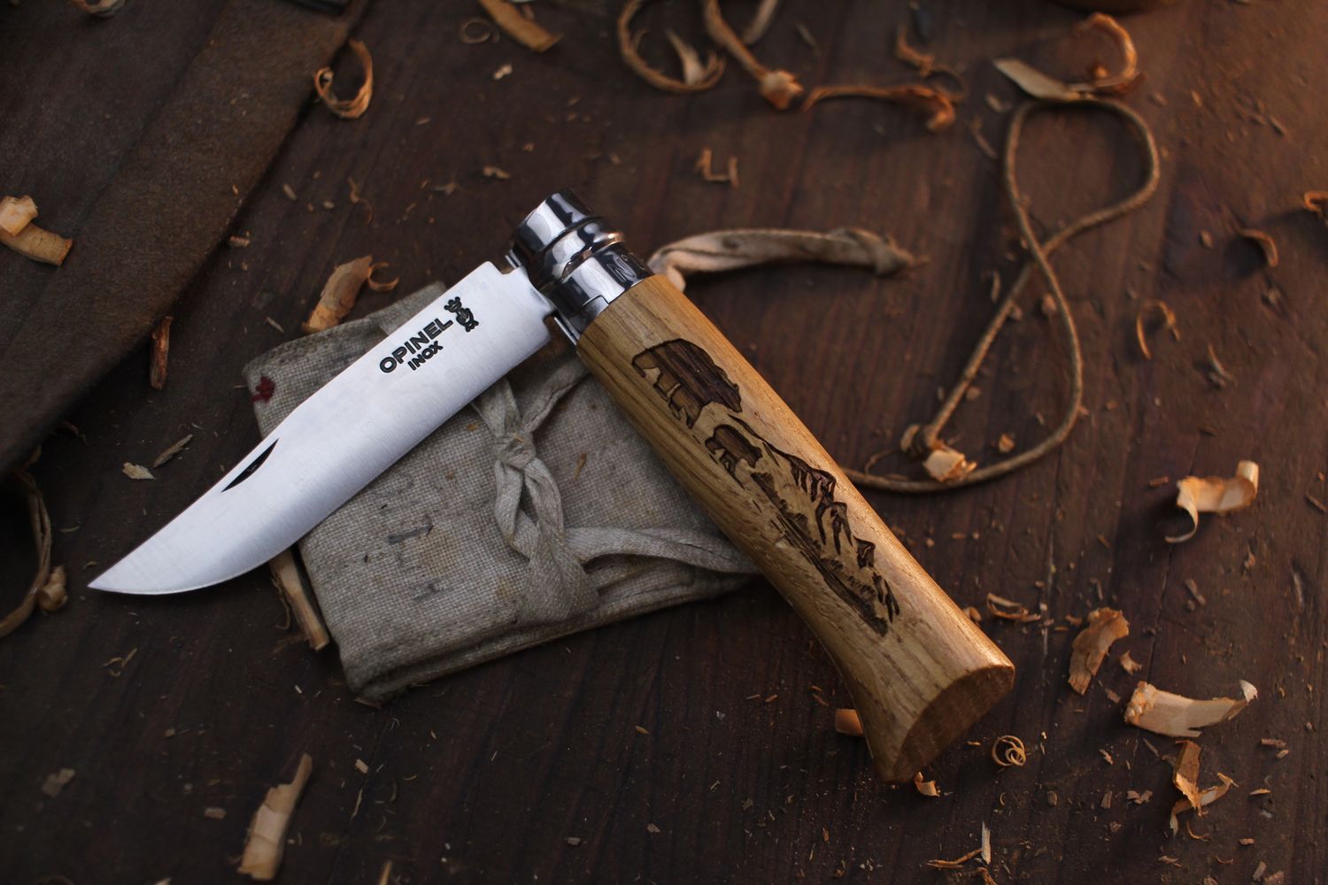 Opinel Outdoor Series No. 8 3.25&quot; Virobloc Folder / Bear Scene Engraved Oak / Satin INOX Stainless