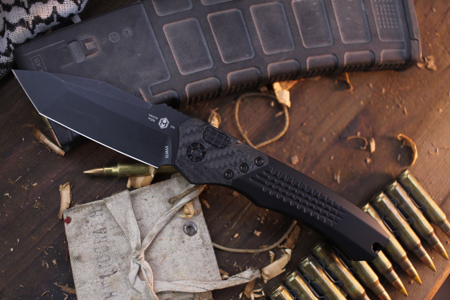 Heretic Knives Wraith 3.625&quot; Auto Button Lock Folder / Aluminum &amp; Carbon Fiber / Black Elmax With Engraving ( Pre Owned )