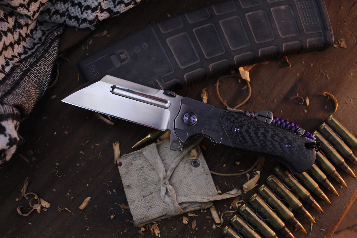 Andre de Villiers Mid-Tech Tac-Butcher 3.75&quot; Framelock Flipper / Carbon Fiber &amp; Titanium / Satin S35VN ( Pre Owned )