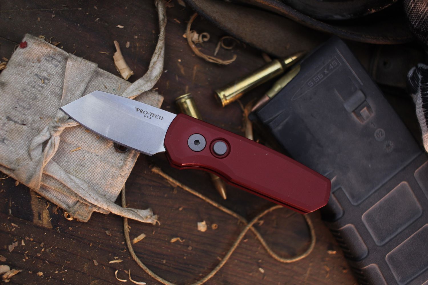 Pro-Tech Runt 5 1.94” Reverse Tanto Auto Button lock Folder / Red Aluminum / Stonewashed Magnacut