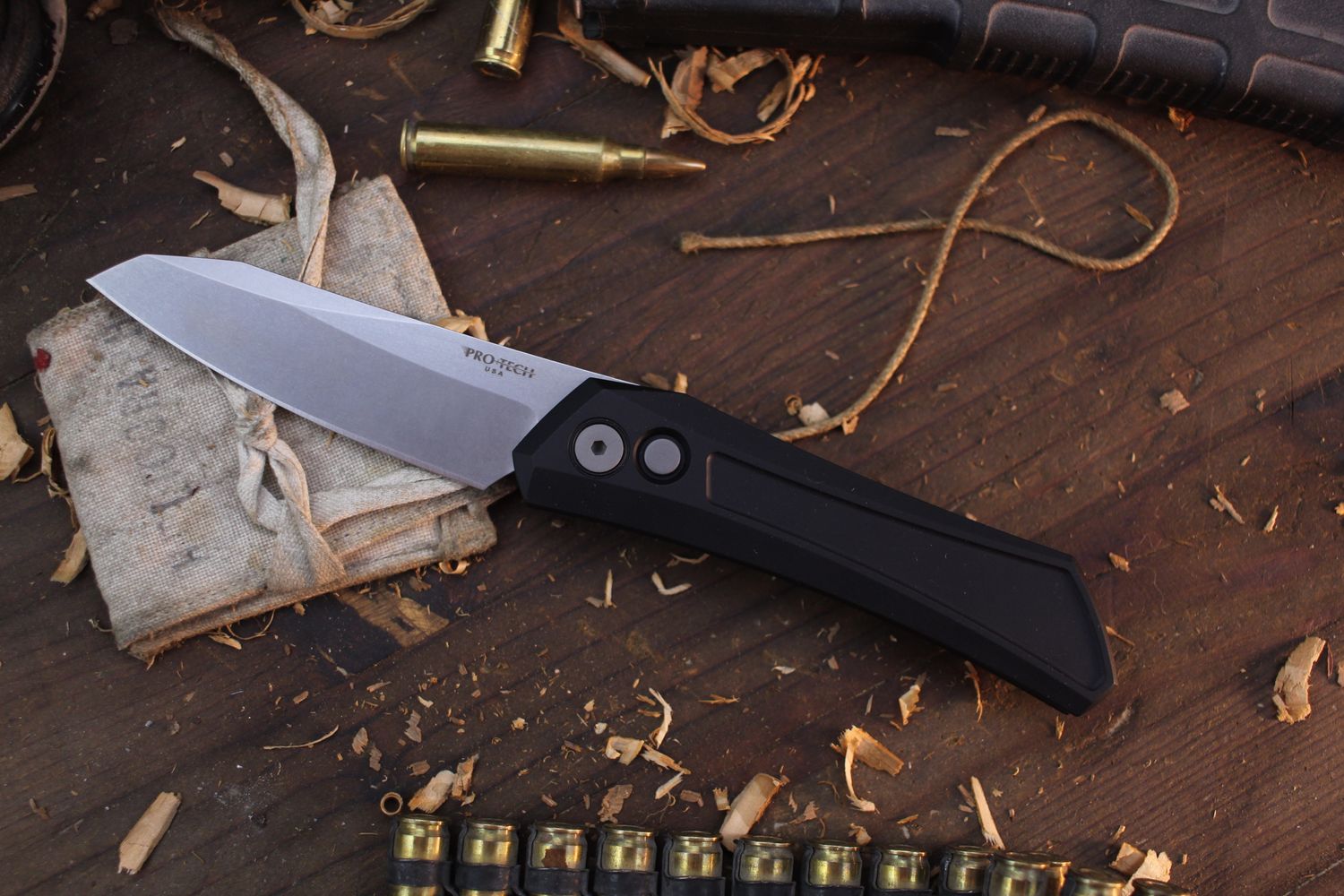 Pro-Tech Oligarch 3.25&quot; Button Lock Auto Folder / Black Aluminum / Stonewashed MagnaCut