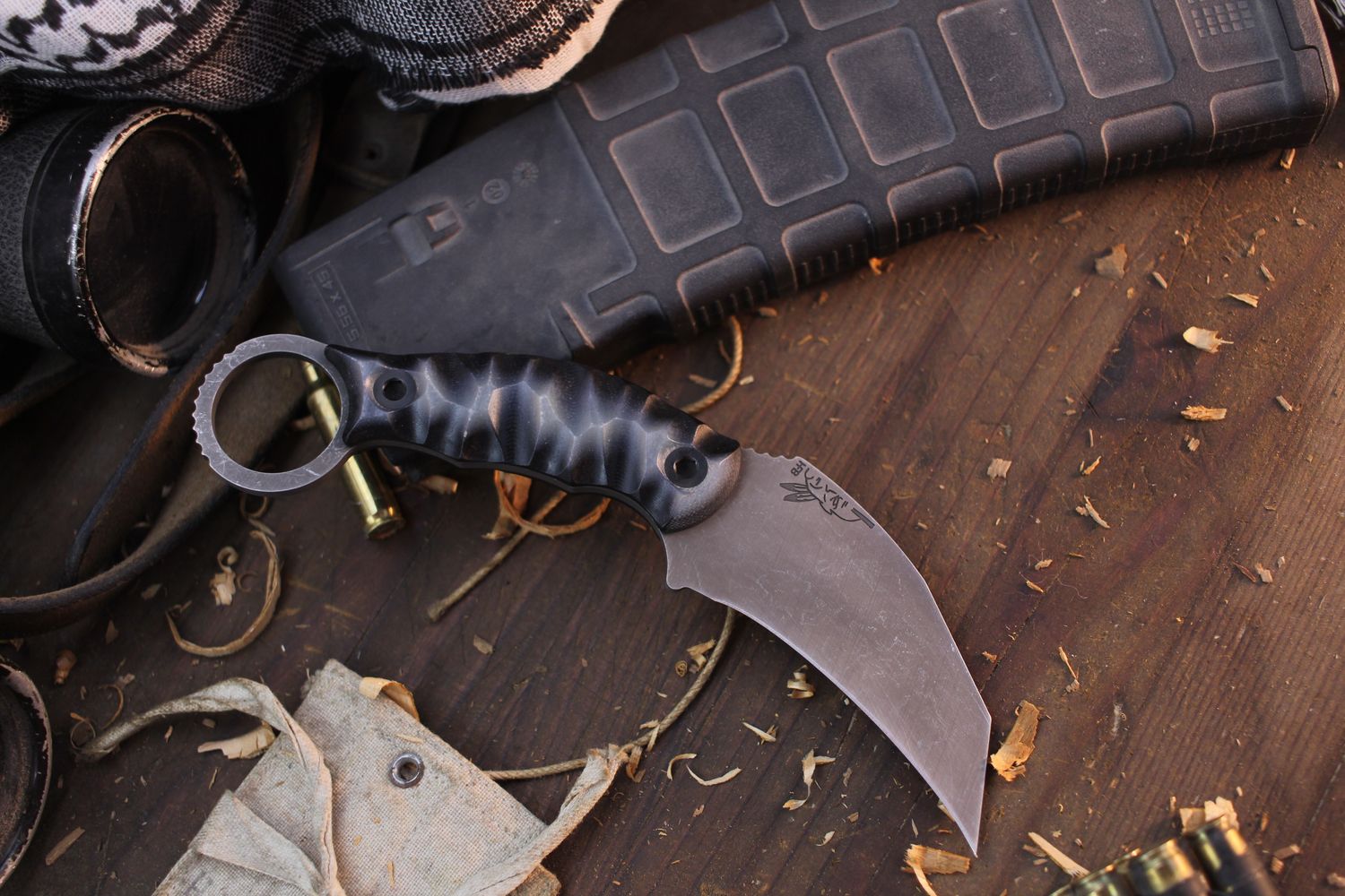Half Face Blade Karambito 3&quot; Fixed Blade / Ghost Grey &amp; Black G-10 / Acid Wash Magnacut ( Pre Owned )