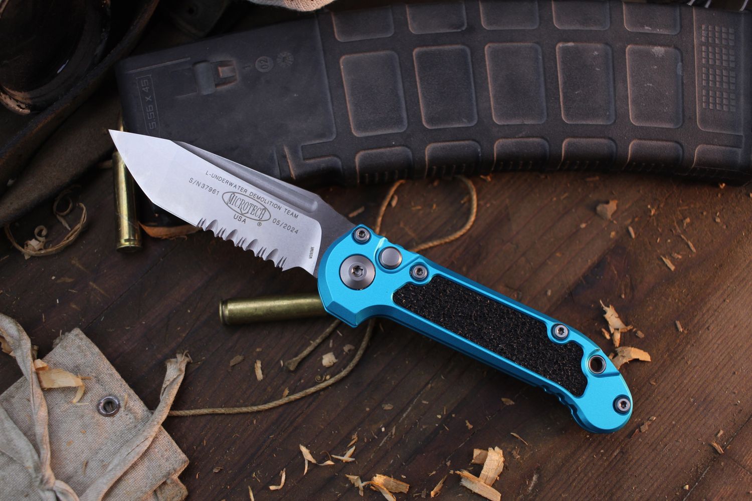 Microtech LUDT Gen III 3.45&quot; AUTO Folder / Turquoise  Aluminum &amp; 3M Traction Tape Inserts / Stonewashed Partial Serrated M390MK