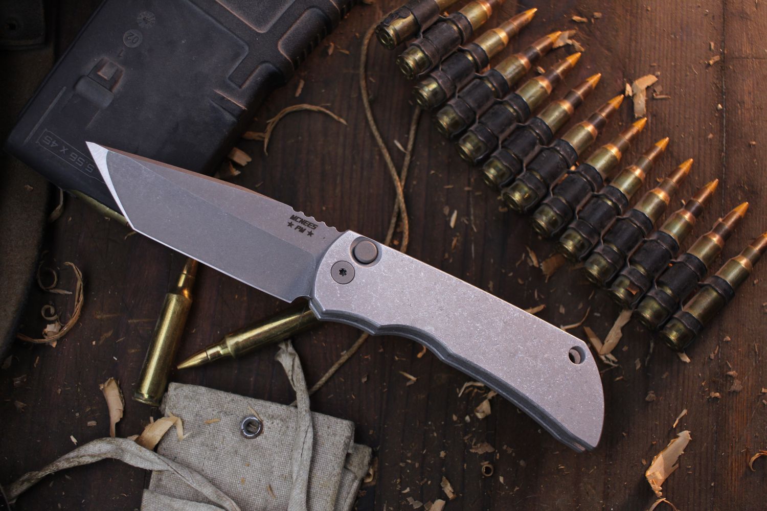 Mcnees Custom Knives Mac 2 3.5&quot; AUTO Plungelock Folder / Stonewashed Aluminum / Stonewashed Magnacut Tanto ( Pre Owned )